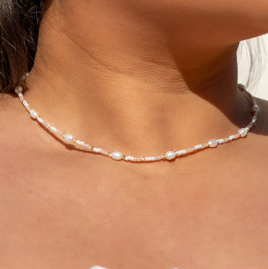Light Pink Pearls Crystal Beaded Choker Gold