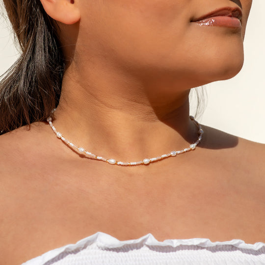 Light Pink Pearls Crystal Beaded Choker Gold