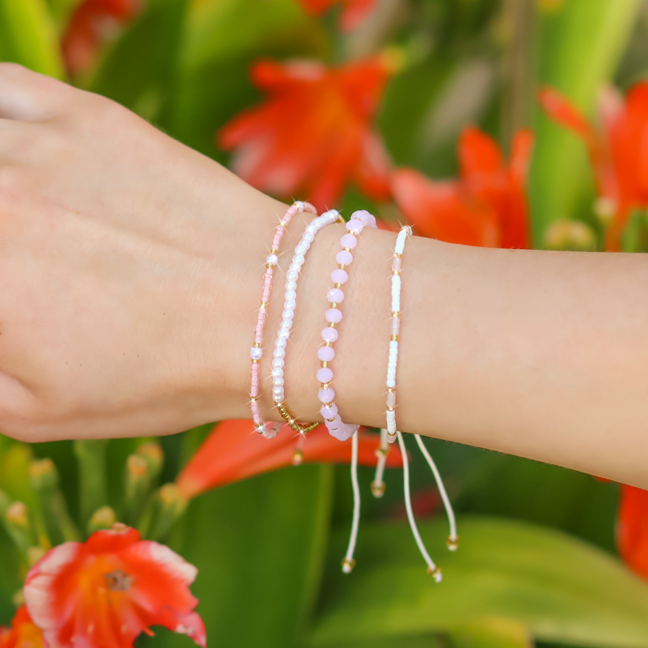 Pink Glow Beaded String Bracelet